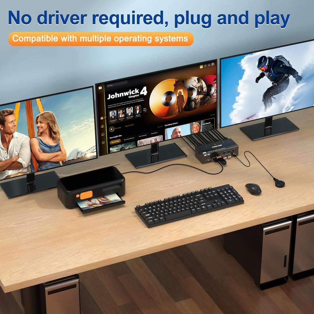 Conmutador KVM HDMI DP 3 monitores 3 computadoras, 8K @60Hz/4K @144Hz Conmutadores KVM de triple monitor para 3 PC compartiendo 3 monitores, teclado y ratón, con cables USB, controlador y adaptador de