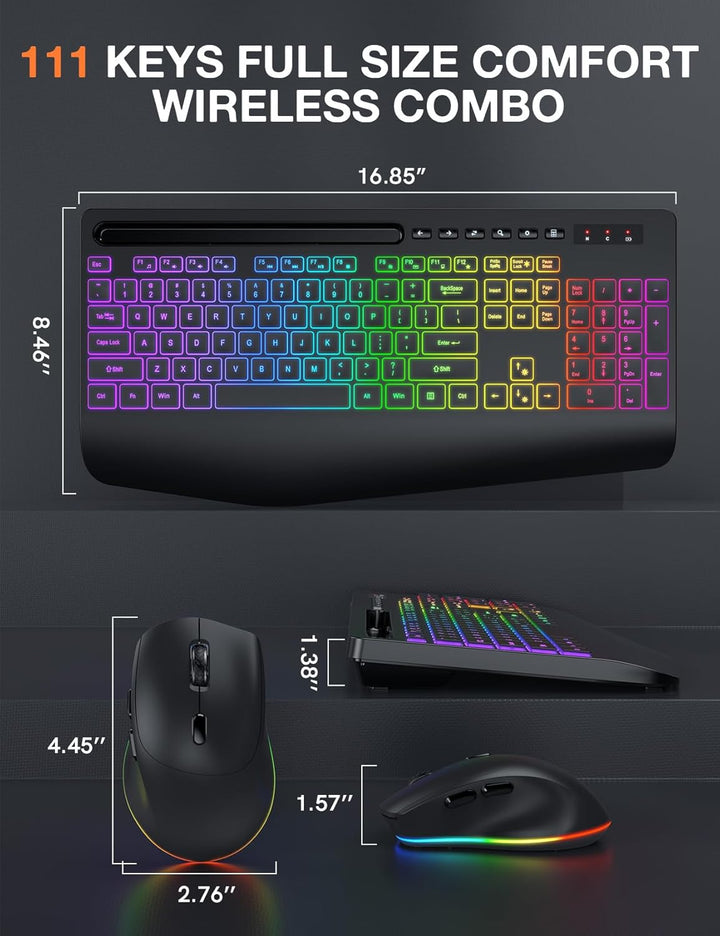 Combo de teclado y mouse inalámbricos, 9 efectos retroiluminados, R...