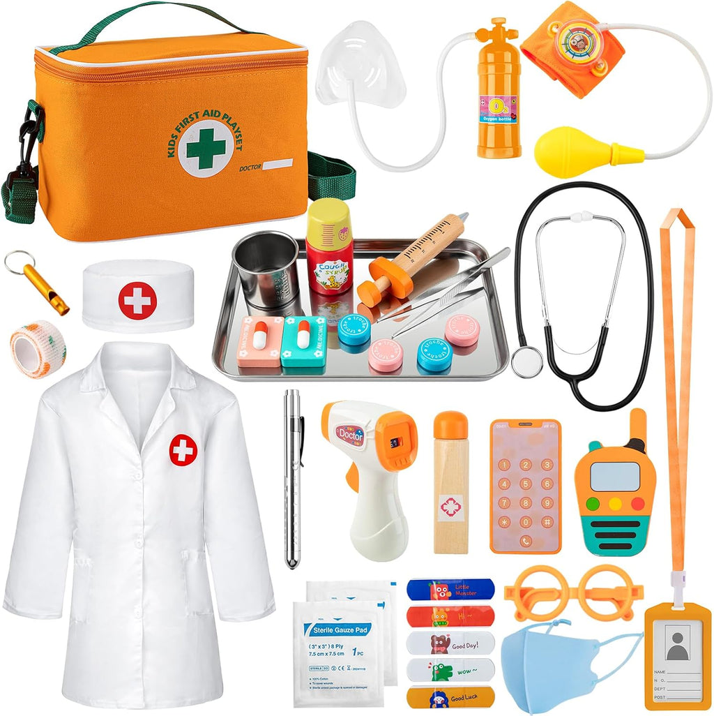 EFO SHM Kit de médico para niños, 34 piezas para niños pequeños de 3 a 5 años con bolsa de almacenamiento médico y estetoscopio real, para niños y niñas, divertido juego de rol, juego de doctor para