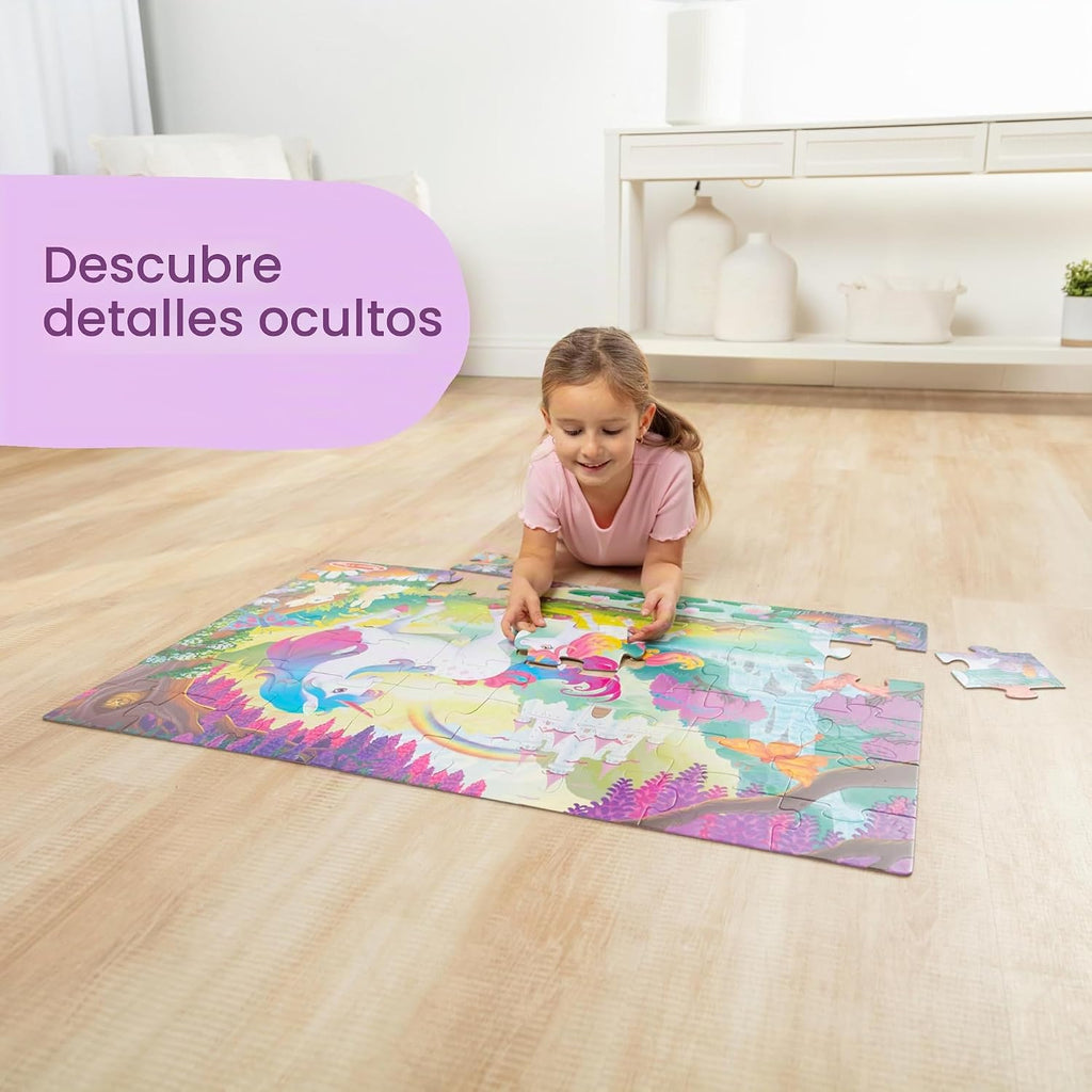 Melissa & Doug Rompecabezas de unicornio gigante que brilla en la oscuridad, rompecabezas de 48 piezas con detalles ocultos, rompecabezas para niños para niñas y niños a partir de 4 años - Certificado