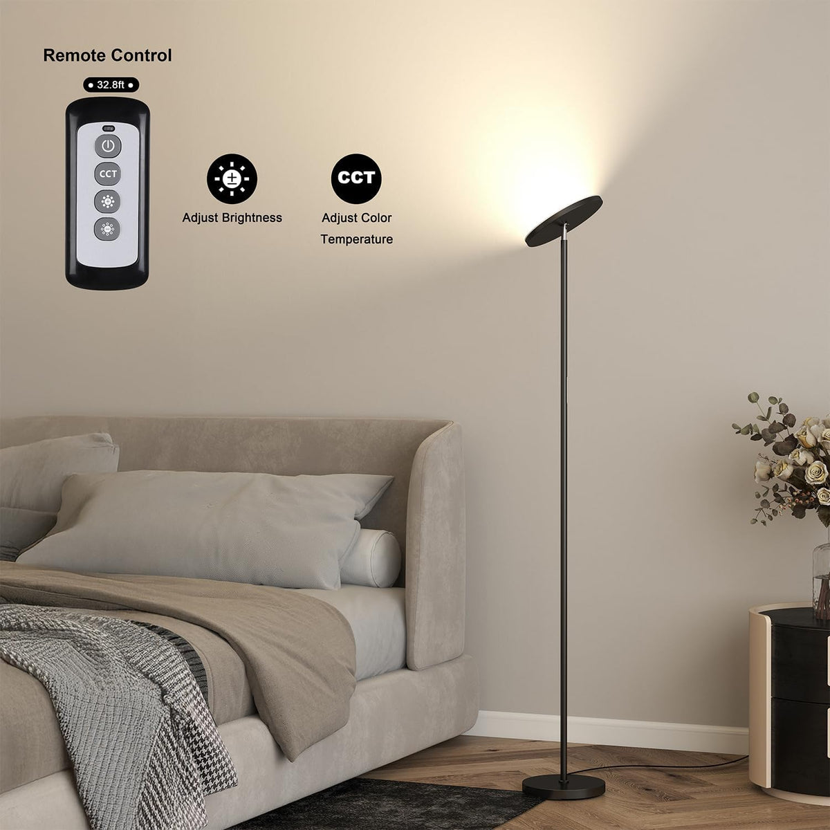 Lámpara Lámpara de pie LED Torchiere con mando a distancia, regulable en