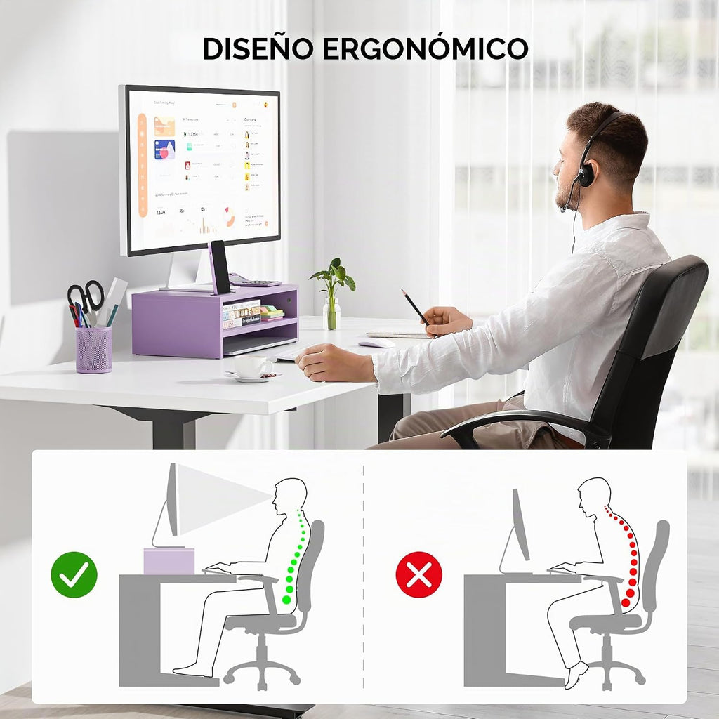 BONTEC Soporte de madera para monitor elevador de escritorio, soporte para monitor de 2 niveles
