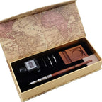 GC Pluma de madera antigua Pluma de caligrafía hecha a mano Juego de bolígrafos de punta de inmersión Estuche de escritura con pluma de tinta negra Cartuchos de soporte de madera LL-184