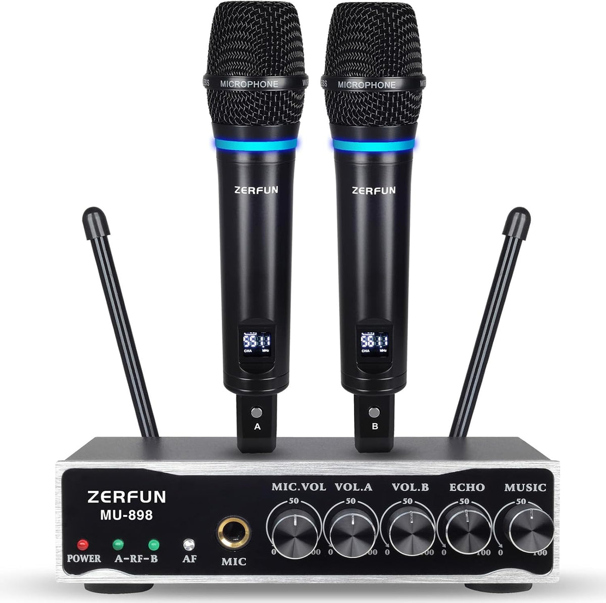ZERFUN Sistema de Micrófono Inalámbrico Recargable de 2 Canales, Mi...
