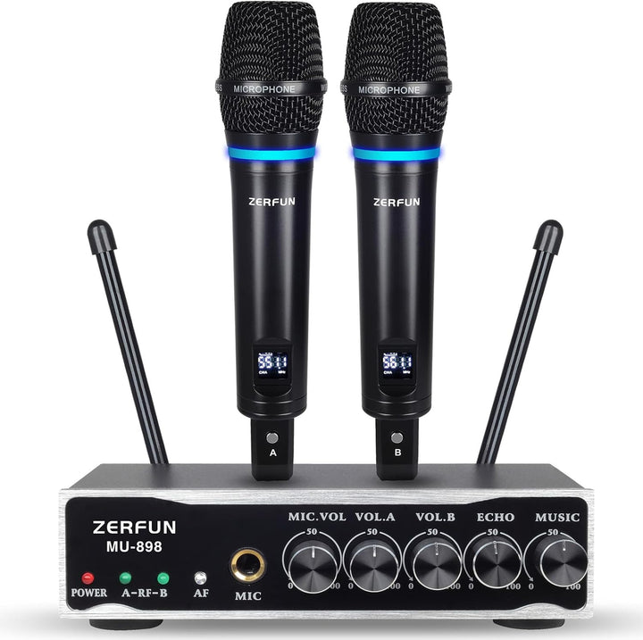 ZERFUN Sistema de micrófono inalámbrico recargable de 2 canales, mi...