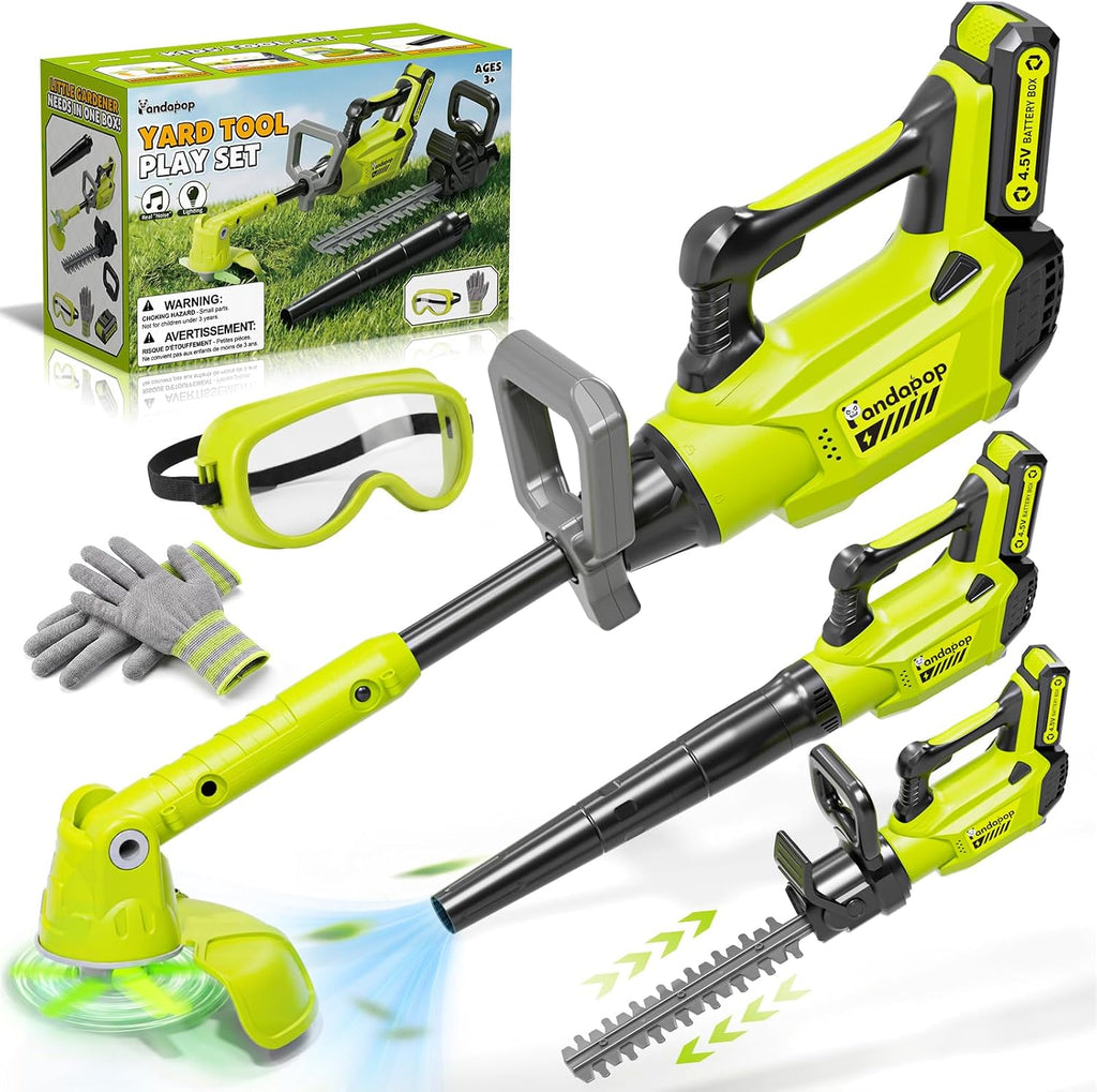 Pandapop 3 en 1 niños Podadora de césped de juguete + soplador de hojas de jardín para niños + podadora de setos de juguete
