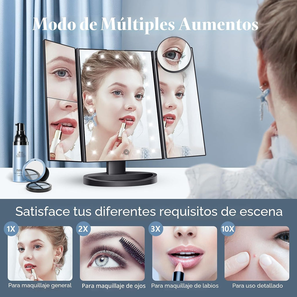 Espejo de tocador con aumento 2X/3X/10X con iluminación, espejo de maquillaje plegable trifold
