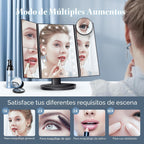 Espejo de tocador con aumento 2X/3X/10X con iluminación, espejo de maquillaje plegable trifold