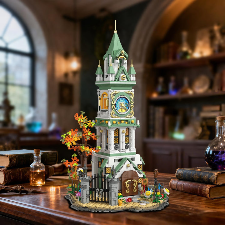 Juego de construcción de torre de reloj mágico con luz