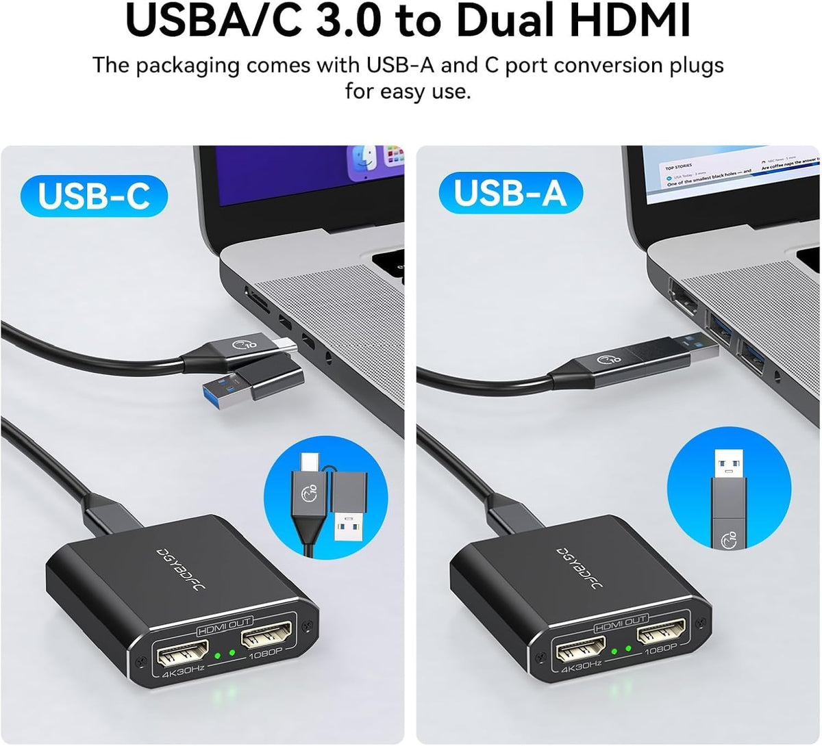 Adaptador USB A/C a HDMI dual pantalla extendida para monitor dual, USB A y USB C a doble pantalla divisor HDMI, 3 pantallas separadas para Windows, MacOS (necesidad de instalación de controladores