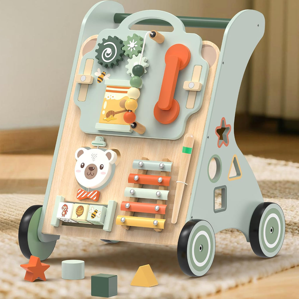 WOODMAM - Andador de empuje para bebés, juguete de aprendizaje de madera para estar sentado a pie para 12 meses