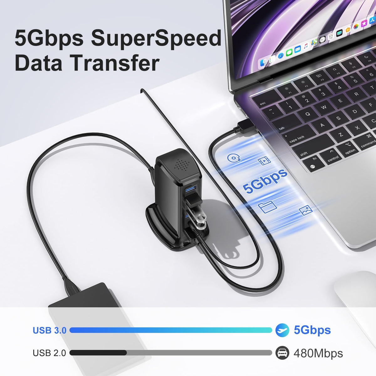 atolla, hub USB 3.0 de 7 puertos, alimentado, adaptador 5V/4A