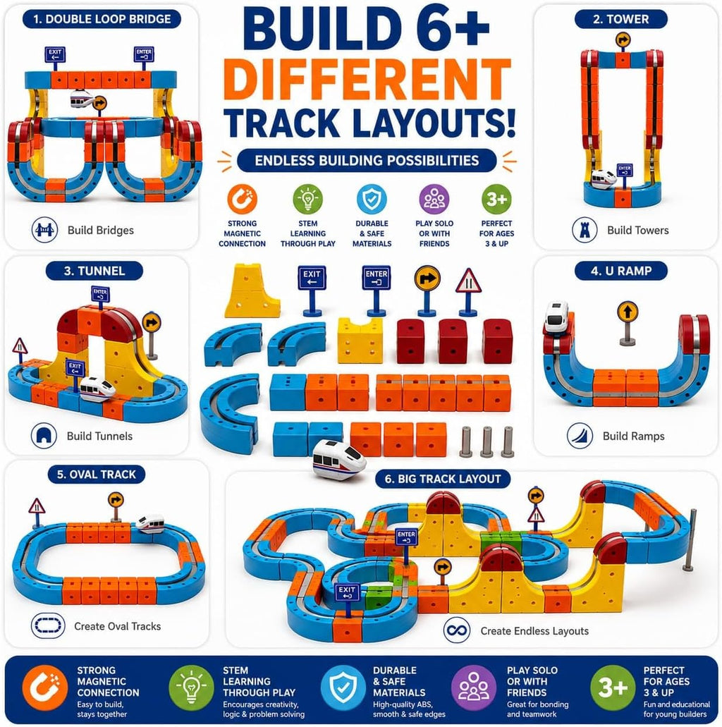 Let's Balieno Juego de tren eléctrico de 150 piezas, pista de carreras flexible 3D para niños de 3 a 8 años, tren motorizado que desafía la gravedad, juguete educativo de construcción STEM, regalo