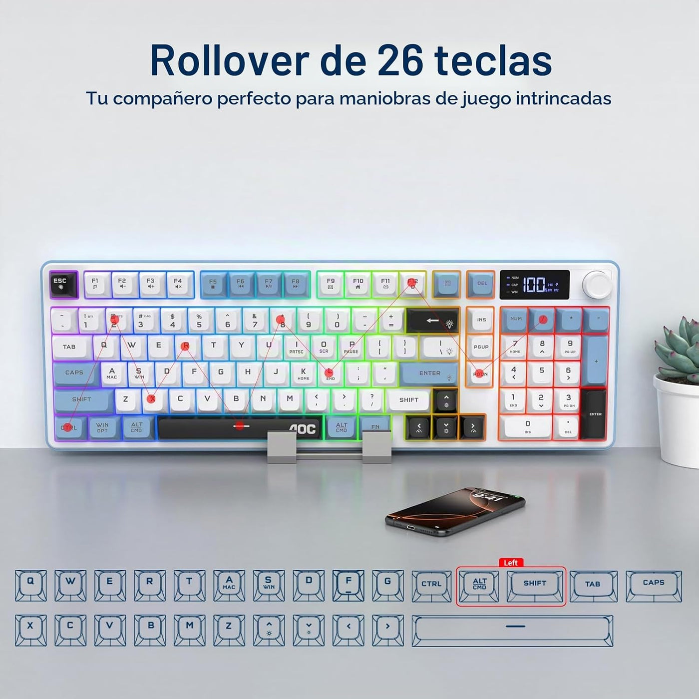 AOC GK210 Teclado inalámbrico para juegos con pantalla y perilla, t...