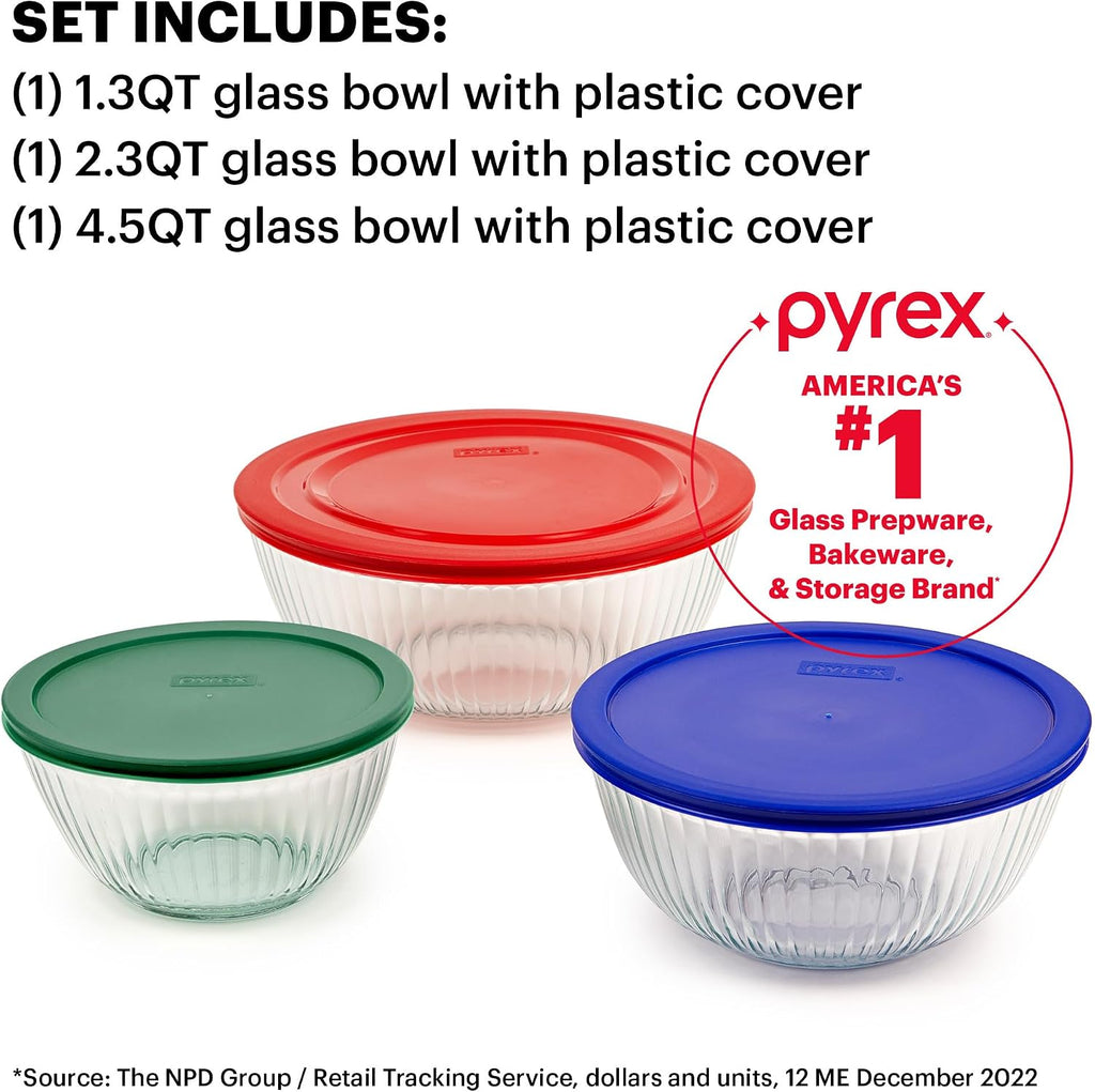 Pyrex Juego de cuencos de vidrio esculpidos (paquete de 3) con tapas de