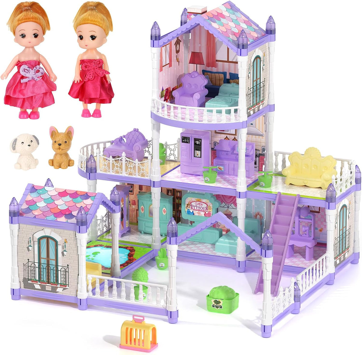 Lámpara Casa de muñecas para niñas, casa de muñecas de ensueño, 9 habitaciones con 2 muñecas, casas de muñecas de princesa, animales, muebles y accesorios, casa de juegos para niñas de más de 3 años