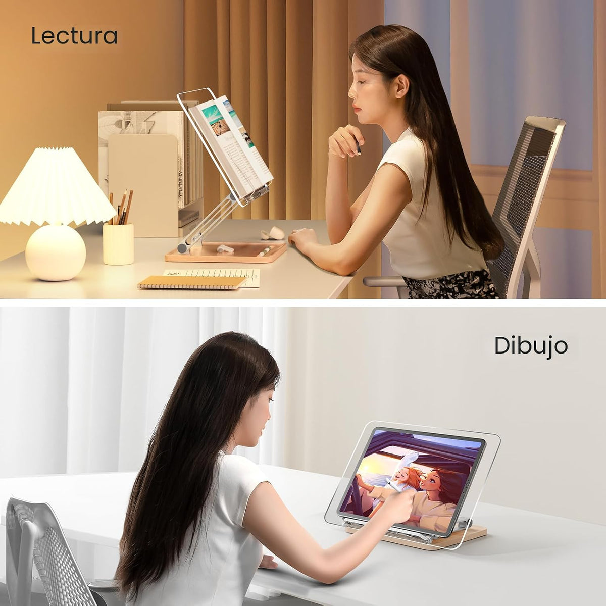 Soporte de acrílico ajustable para lectura, soporte para libros con ranura para bolígrafo, elevador de escritorio plegable para laptop, receta, libro de texto, manos libres, soporte para libros de