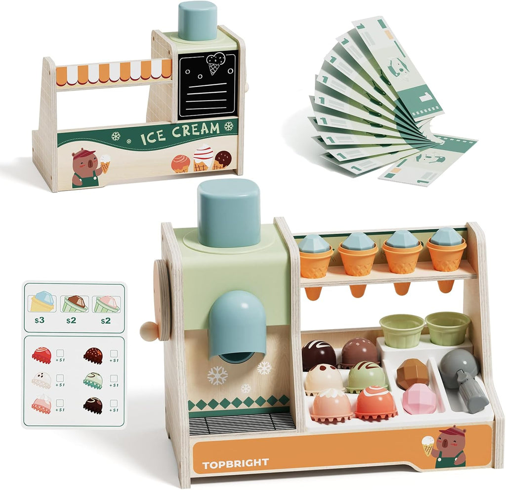 TOP BRIGHT Juguetes de Madera para Juego de Simulación de Helados, Set de Cocina para Niños con Mostrador de Helados, Cuchara y Menú, Juguetes Montessori para Niños y Niñas Regalo Capybara Edad 3+