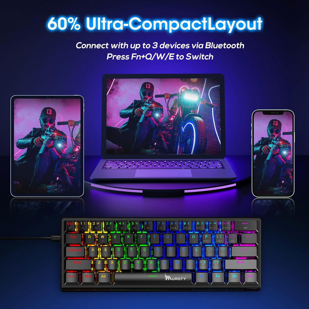 Pauroty 60% Teclado mecánico inalámbrico, teclado de juego de tripl...