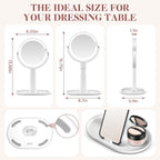 Espejo de maquillaje con luces, espejos de aumento 20X, altura ajustable, espejo de tocador con luces recargable, 3 modos de color, espejos de viaje desmontables de doble cara, regalo para mujeres, blanco