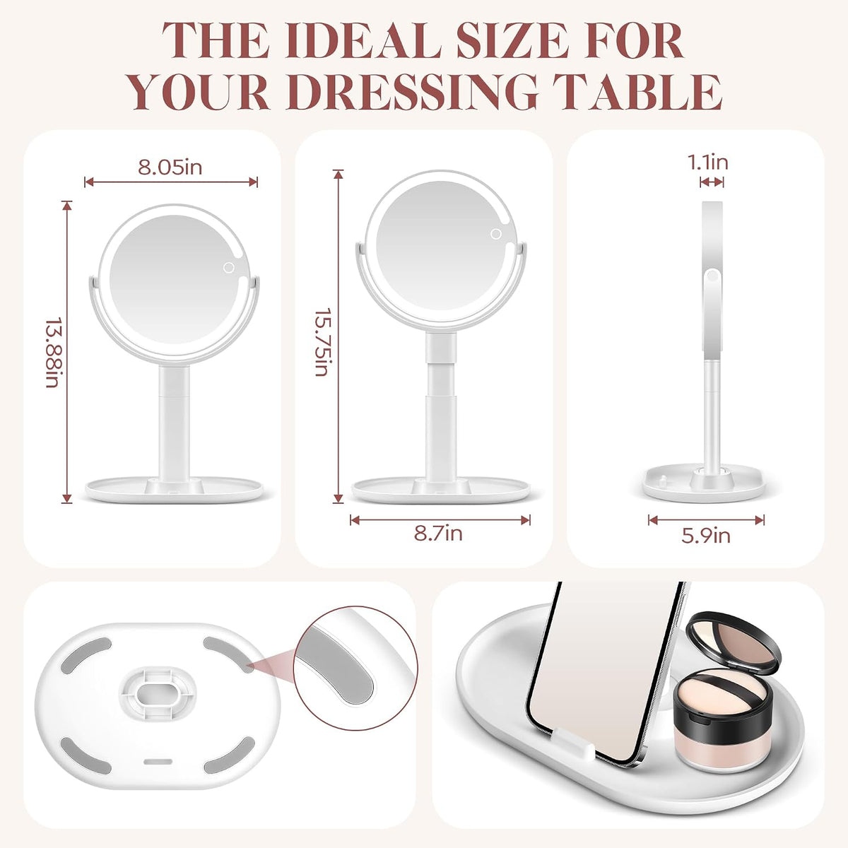 Espejo de maquillaje con luces, espejos de aumento 20X, altura ajustable, espejo de tocador con luces recargable, 3 modos de color, espejos de viaje desmontables de doble cara, regalo para mujeres, blanco
