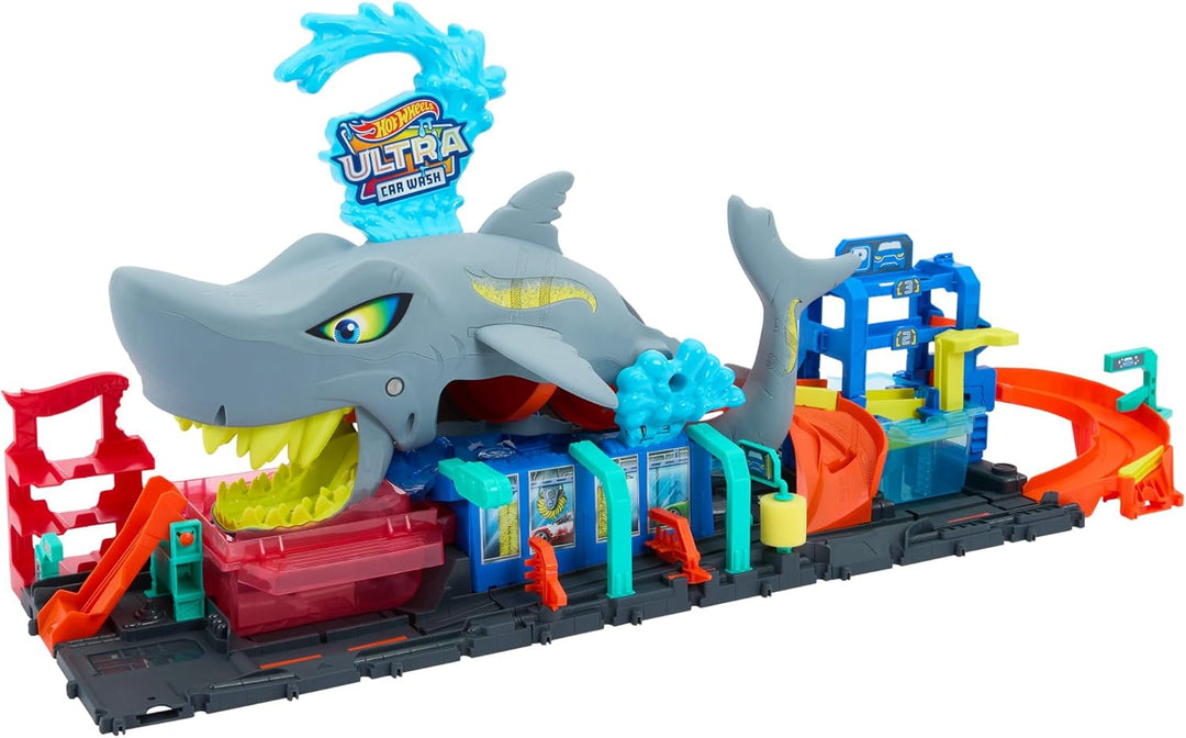 Hot Wheels Juego de pistas de ciudad, lavado de autos Ultra Shark c...