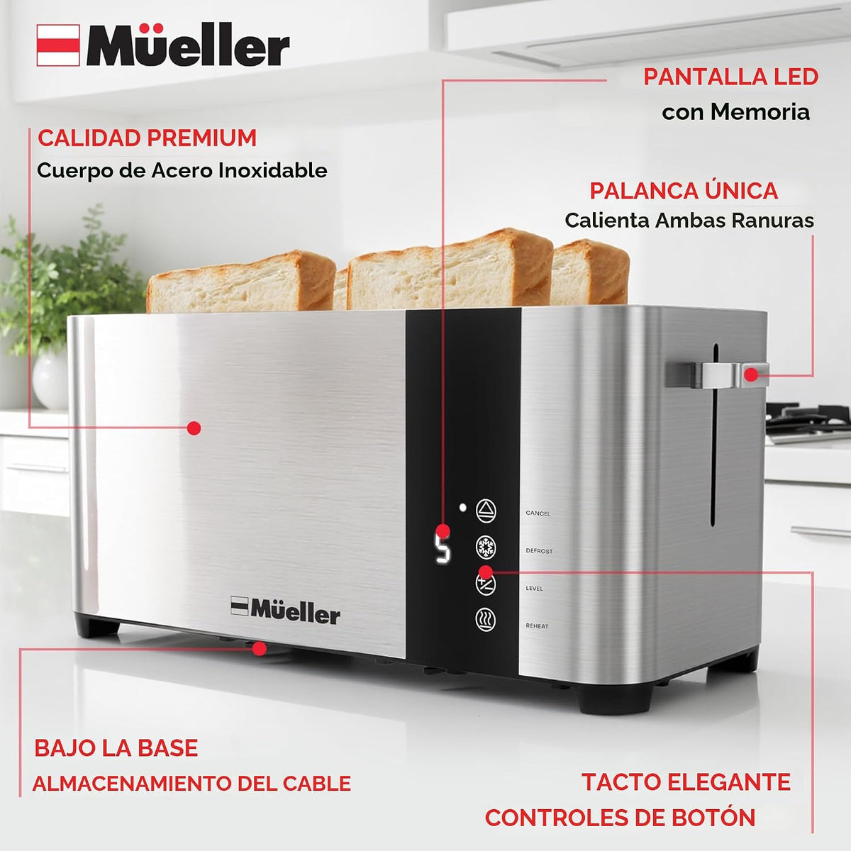 Mueller UltraToast - Tostadora de acero inoxidable de 4 rebanadas
