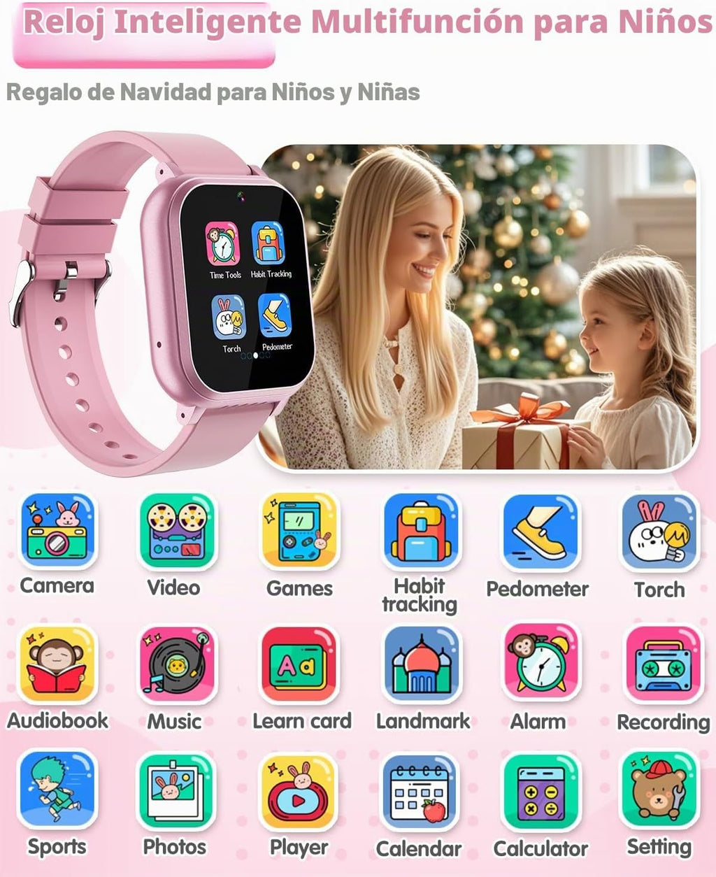 Reloj inteligente impermeable para niños, juguetes para niñas de 6 a 8 años con 32 juegos de cámara dual