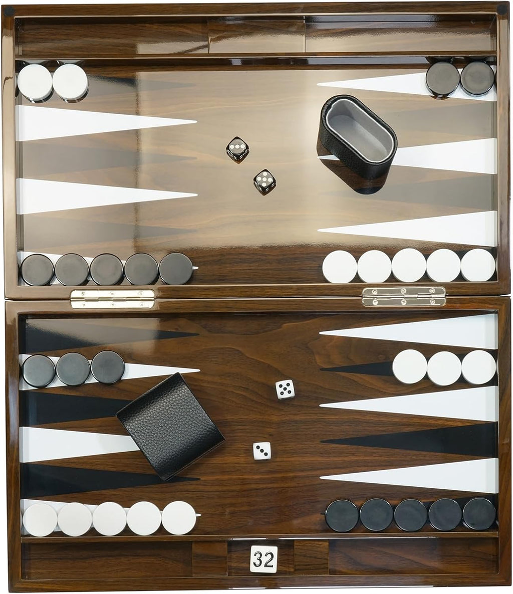 Juego de mesa de backgammon lacado de madera de lujo de 18 pulgadas con tazas de dados de cuero premium y fichas de juego acrílicas