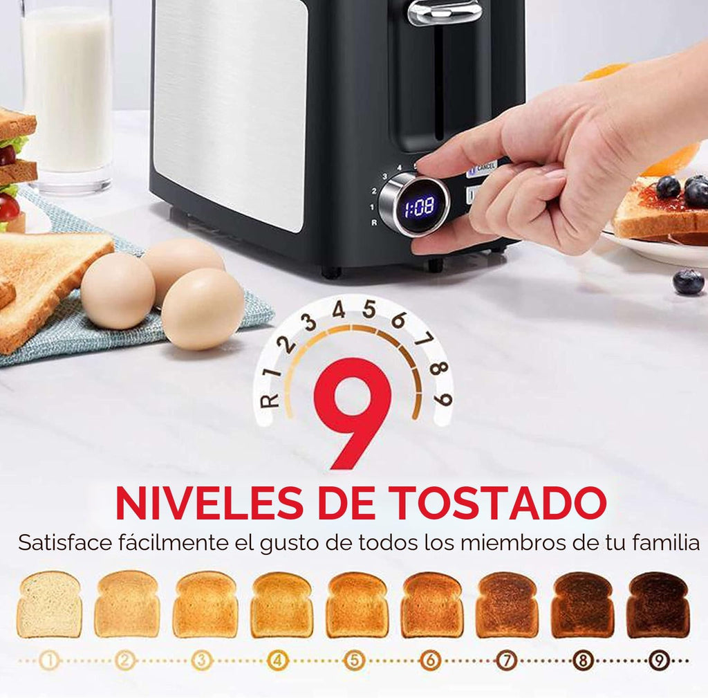 Tostadora de 2 rebanadas, tostadora negra Prime con pantalla LCD digital de cuenta regresiva para pantalla Tostadora inteligente de ranura ancha con bagel/función de descongelación/cancelación/recalentamiento y bandeja extraíble para migas