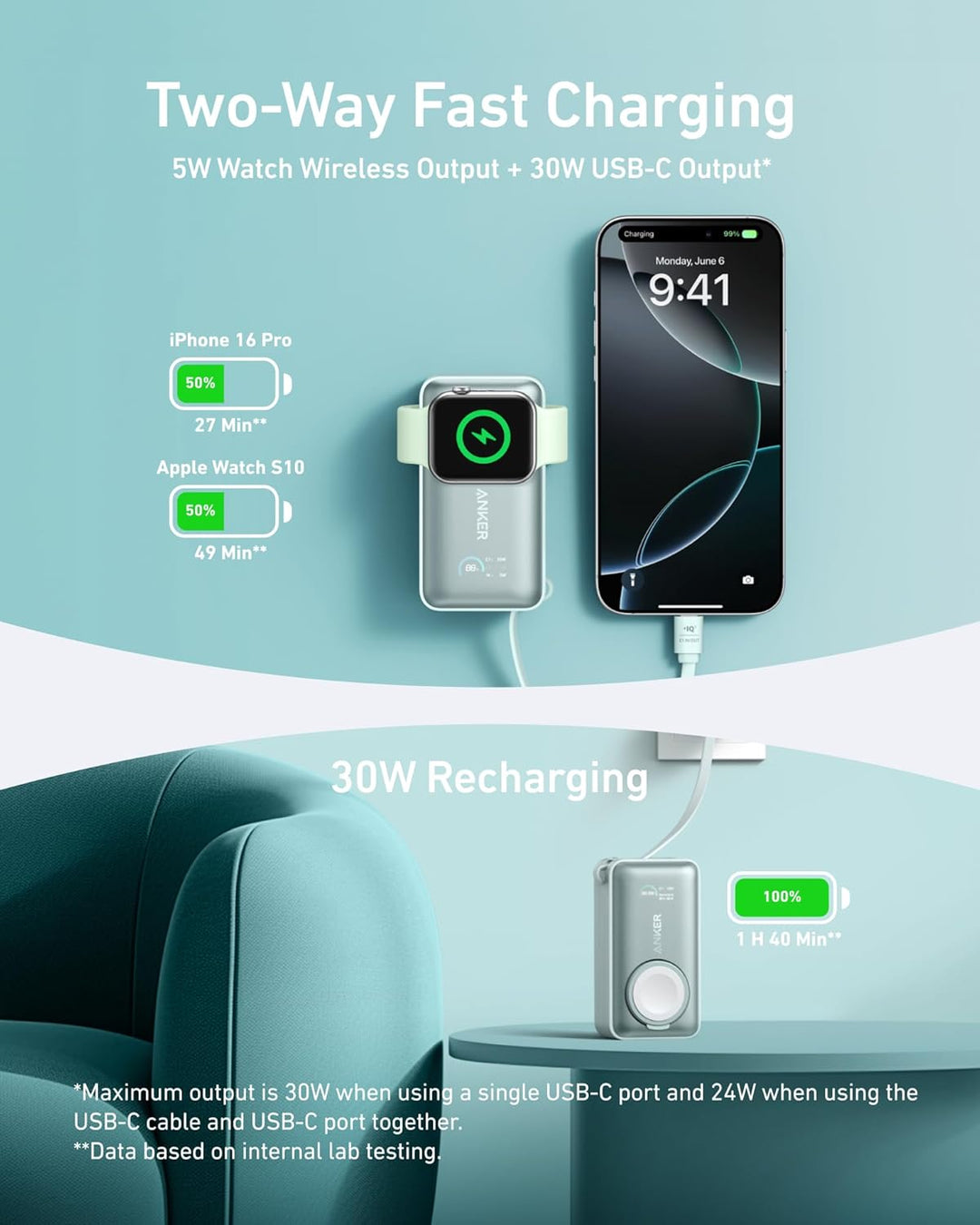 Anker MagGo Power Bank para Apple Watch, batería compacta de 10,000...