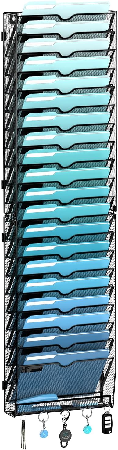 Organizador de archivos de pared colgante de 21 niveles con 5 ganchos, soporte de archivos de pared con etiquetas, organizador de correo de montaje vertical en pared para papeles, carpetas