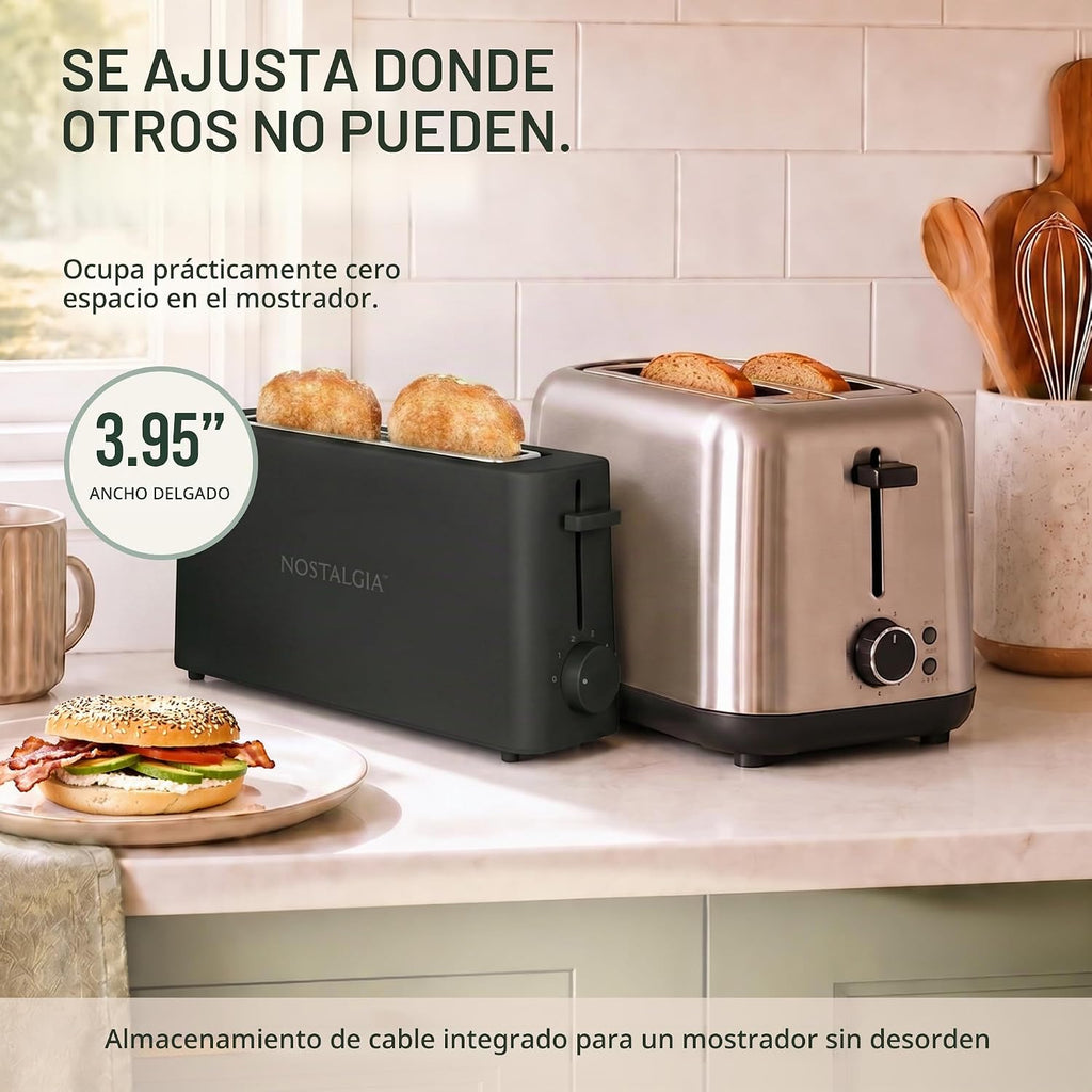 Nostalgia Tostadora delgada de 2 rebanadas, ranura ancha, diseño que ahorra espacio, esfera dorada ajustable, ranura larga de 10 pulgadas para 2 rebanadas de pan o mitades de bagel, bandeja