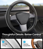 Wigoo Funda de volante para accesorios de modelos 20-24 Y/ 17-23 Model 3, redonda para Tesla Model Y 20-24 y Model 3 17-23 de piel de napa premium con piel de fibra de carbono para agarre