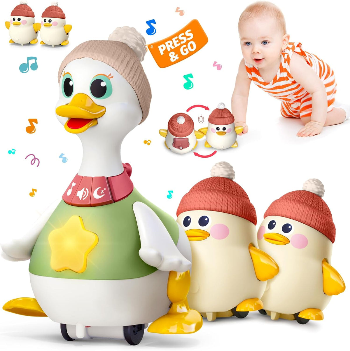 Juguetes para Tiempo de Tummy Time para Bebé de 6-12 meses: 3 Patitos Magnéticos con 7 Modos Interactivos