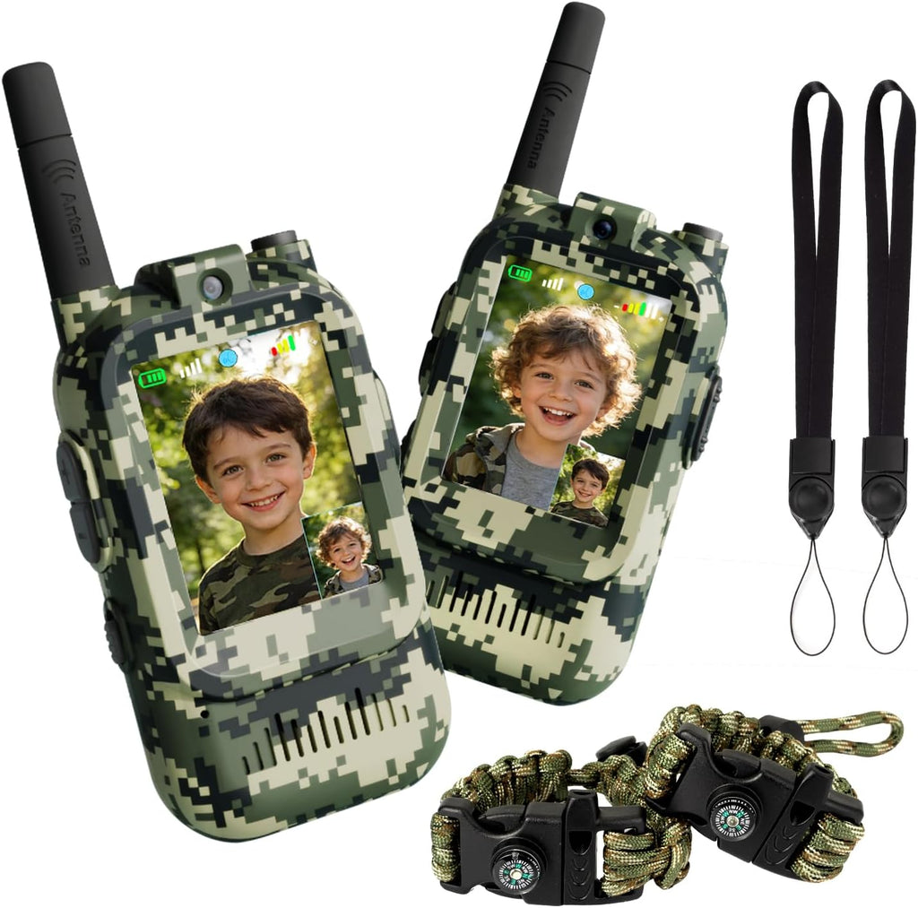 Walkie Talkies de video para niños, paquete de 2 juguetes de radio de camuflaje de 2 vías para niños de 3 a 12 años, walkie talkie de mano de largo alcance para acampar al aire libre, senderismo, el
