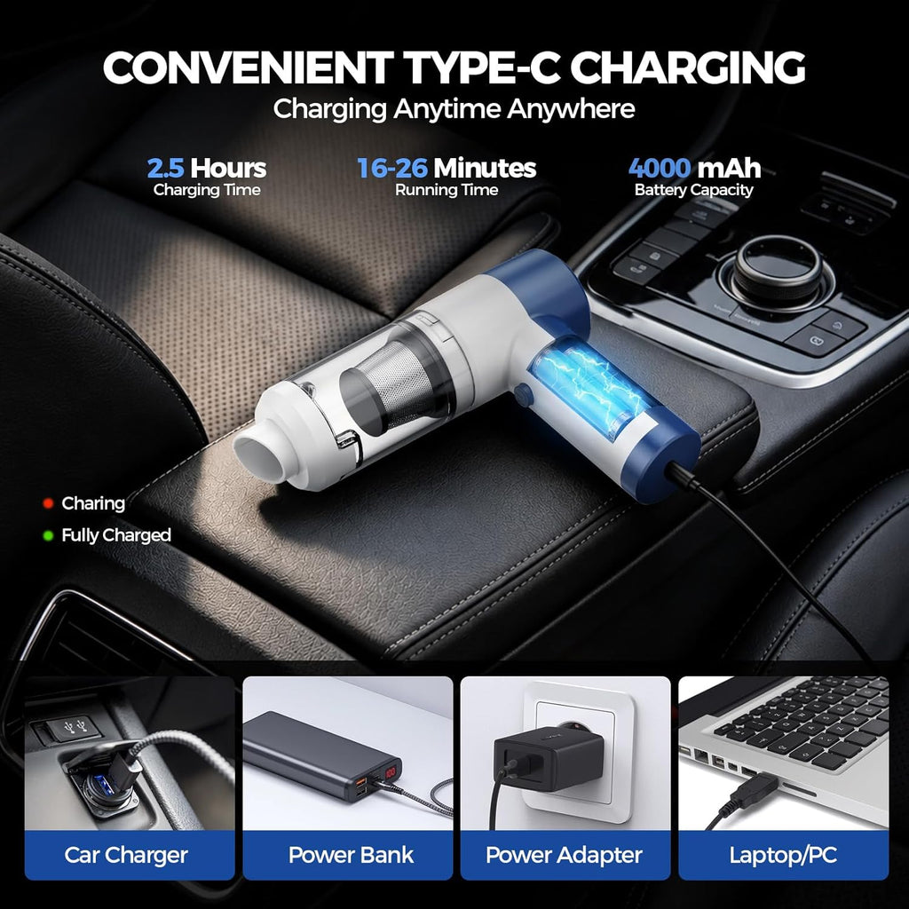 Aspiradora de coche/plumero de aire portátil inalámbrica – Aspiradora de mano de alta potencia de 16000 PA con motor sin escobillas de 85,000 RPM, mini aspiradora recargable 4 en 1, soplador y bomba