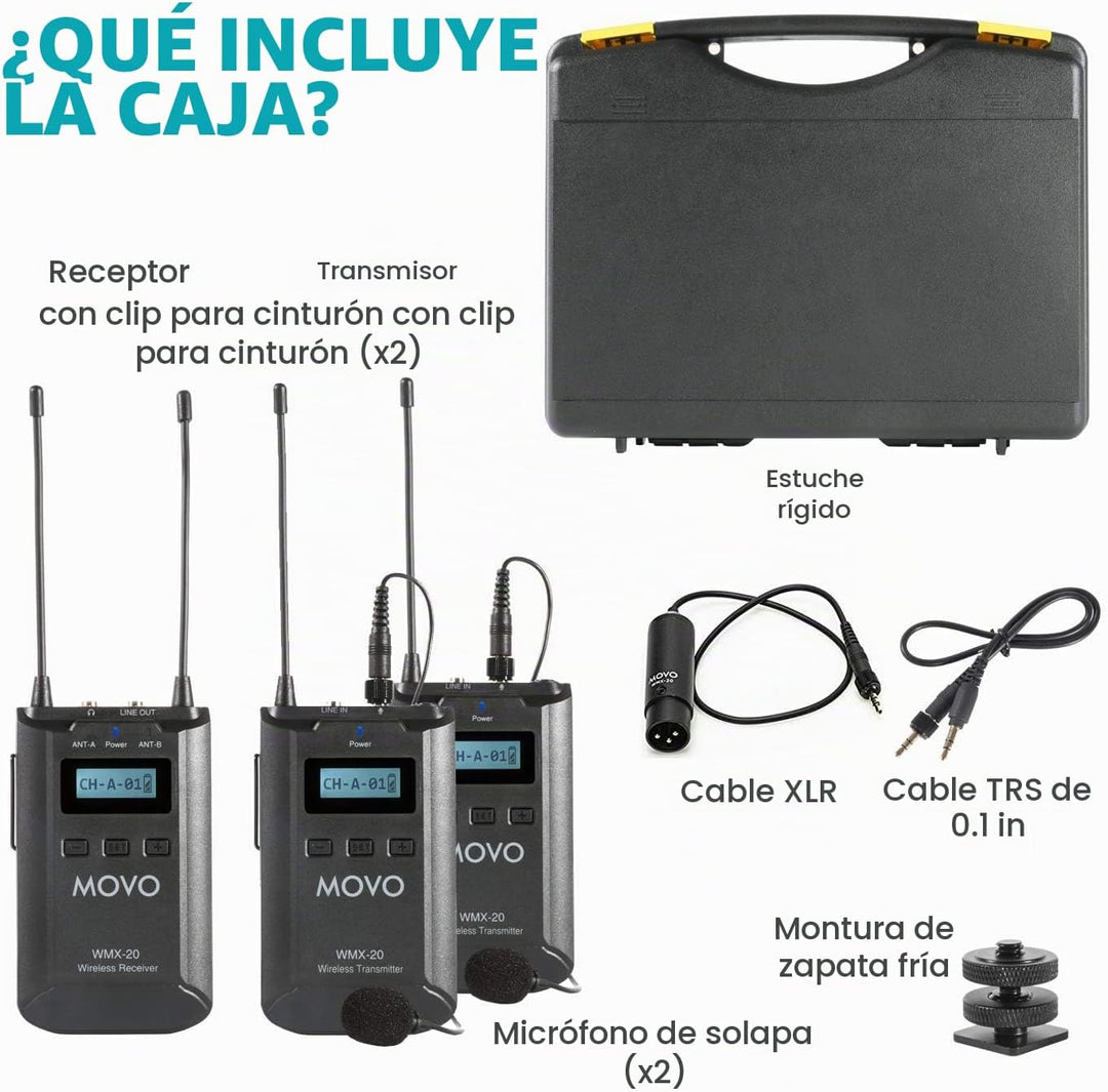 Movo WMX-20-DUO Sistema de micrófono inalámbrico UHF de 48 canales...