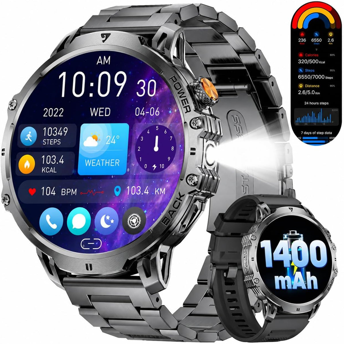 LIGE - Relojes inteligentes militares para hombre (2 bandas), reloj inteligente de pantalla grande HD de 1400 mAh/1.85 pulgadas, linterna/más de 110 modos deportivos/monitor de sueño, reloj de