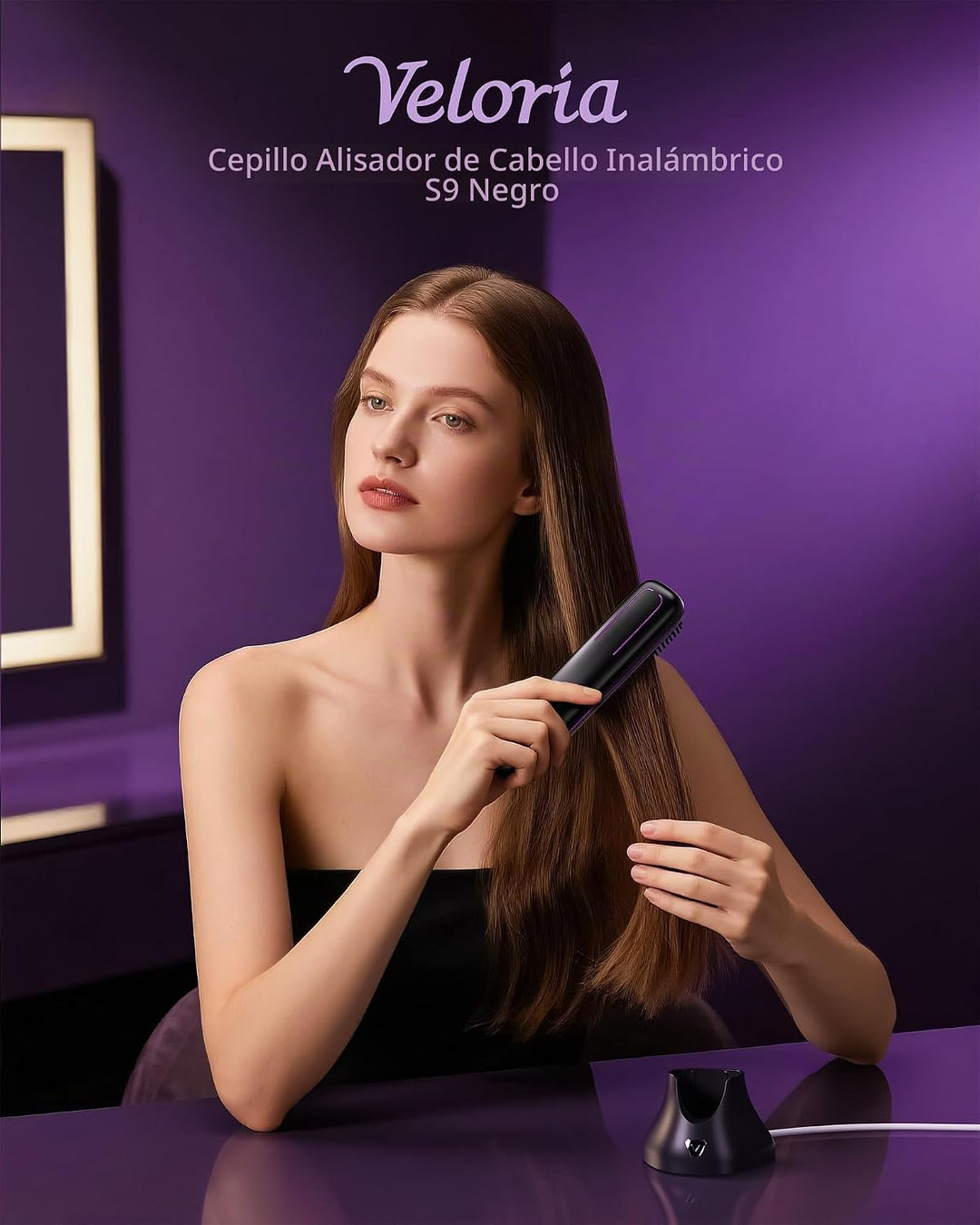 VELORIA Cepillo alisador de cabello inalámbrico con base de carga,...