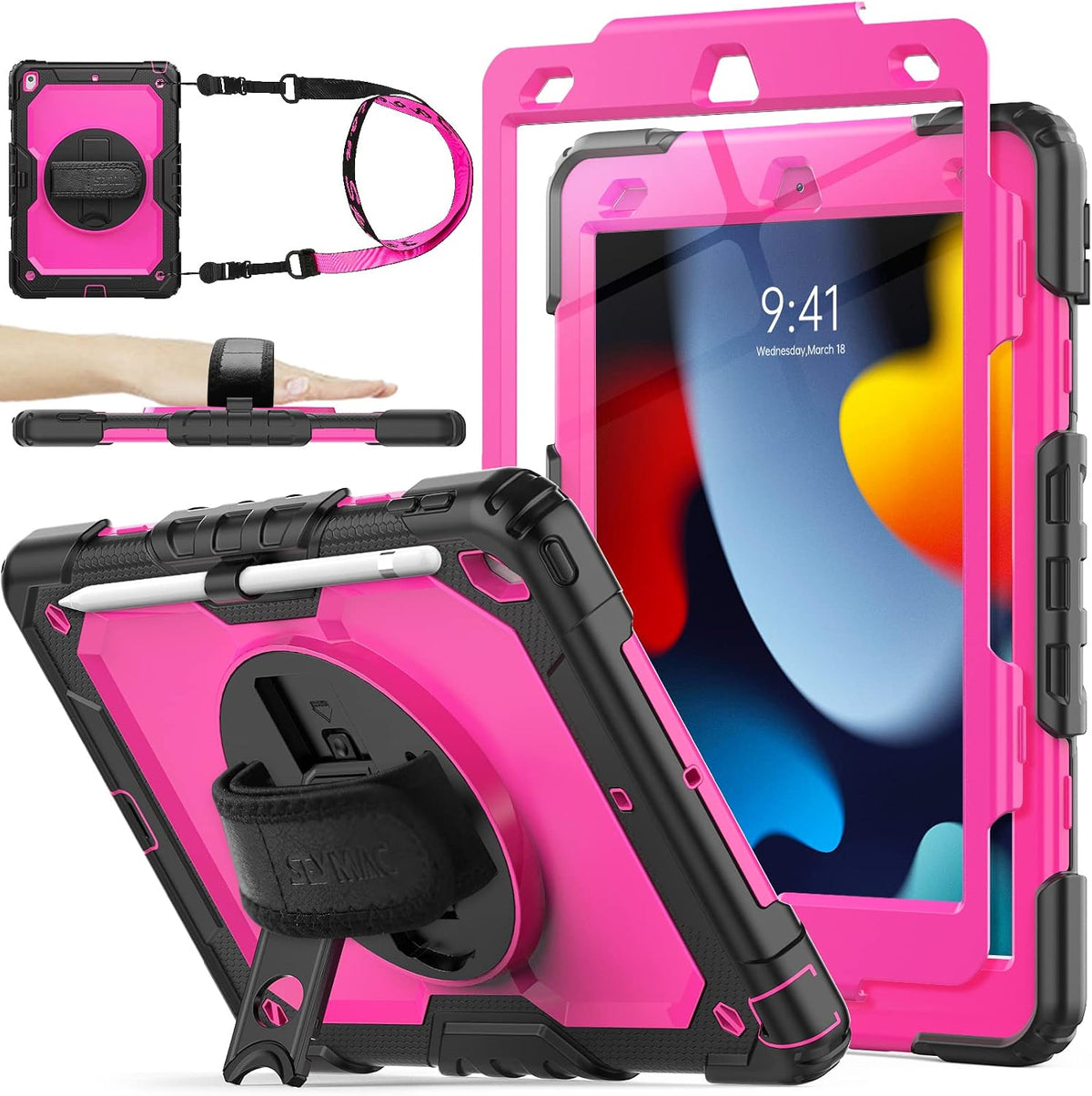 SEYMAC stock Funda para iPad de 9ª/8ª/7ª generación de 10.2", a prueba de golpes con protector de pantalla, soporte para lápiz [correa de mano giratoria de 360°] y soporte, para iPad de 10.2 pulgadas