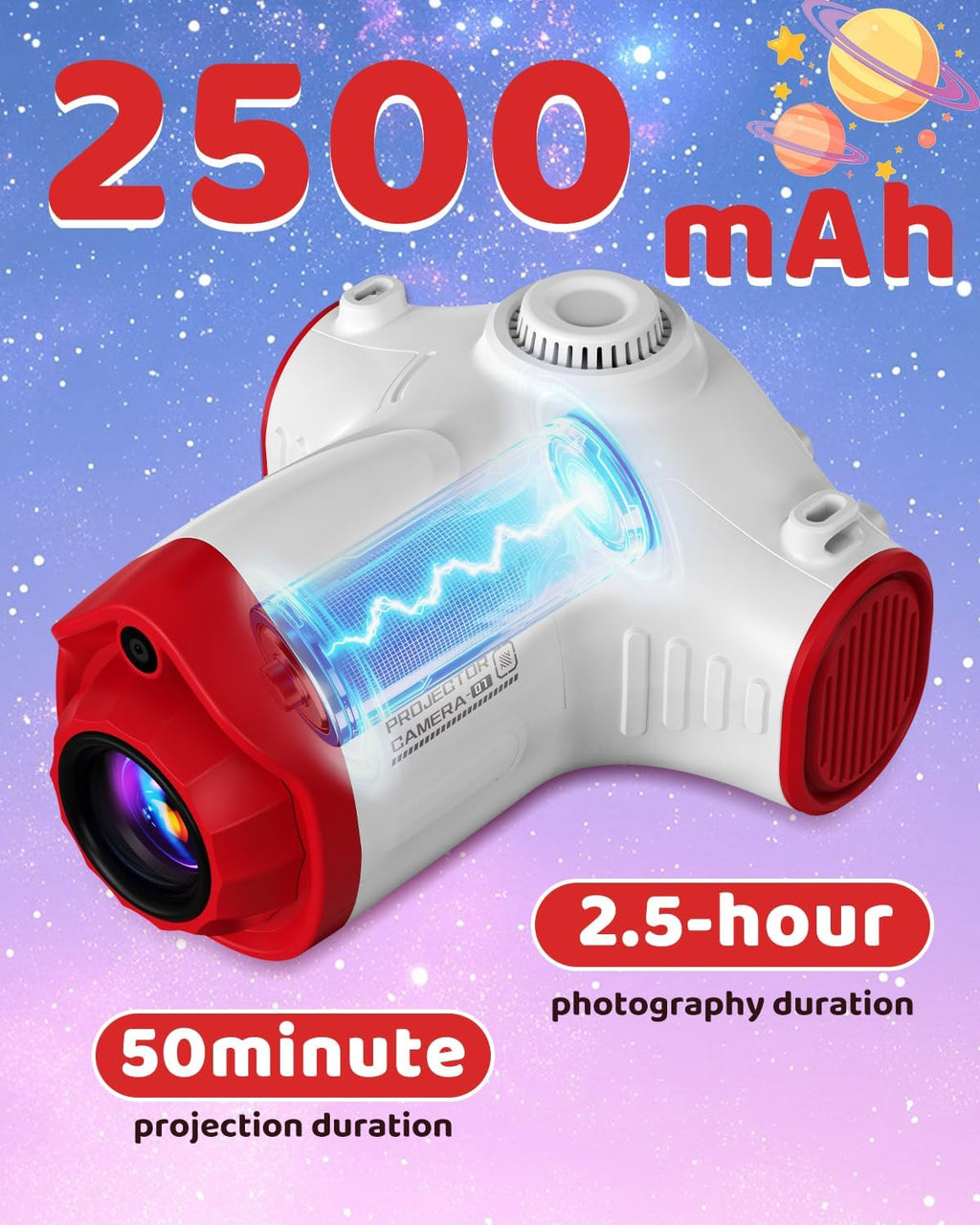 Cámara para niños con proyector, nave espacial, cámara digital HD de 48 MP para niños, grabadora de video 1080P, juguete con tarjeta SD de 32 GB y trípode, espacio exterior, cumpleaños para niños y