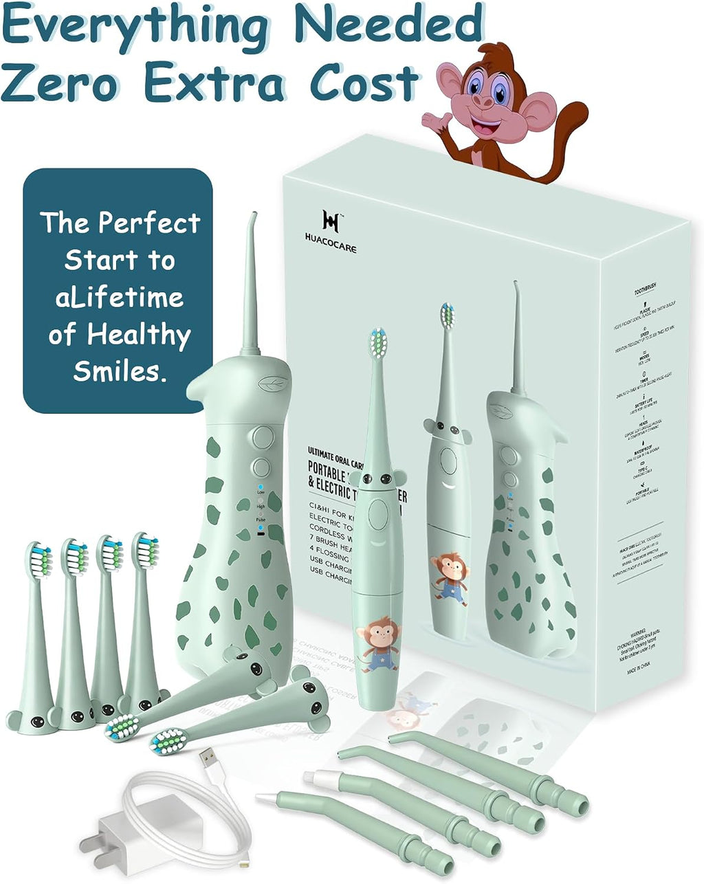 Irrigador dental eléctrico para niños de 6 a 12 años, irrigador oral para niños con 3 modos suaves y 2 modos sónicos, kit dental compatible con aparatos ortopédicos para niños y niñas (diseño de jirafa y mono)