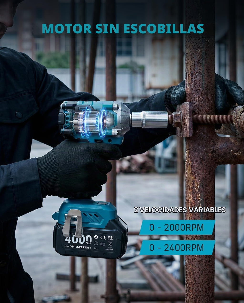 Seesii Llave de impacto inalámbrica de 3/8", pistola de impacto eléctrica con par máximo de 330 pies-libra (450 N.m), batería recargable de 4.0 Ah y 4 enchufes, llave de impacto eléctrica compacta