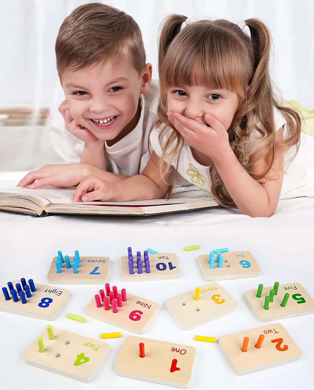 Montessori Bloques de conteo de números, juguetes de tablero de clavijas, materiales de manipulación matemática de madera para preescolar, juguete de aprendizaje Montessori para niños de jardín de infantes (clavija colorida)