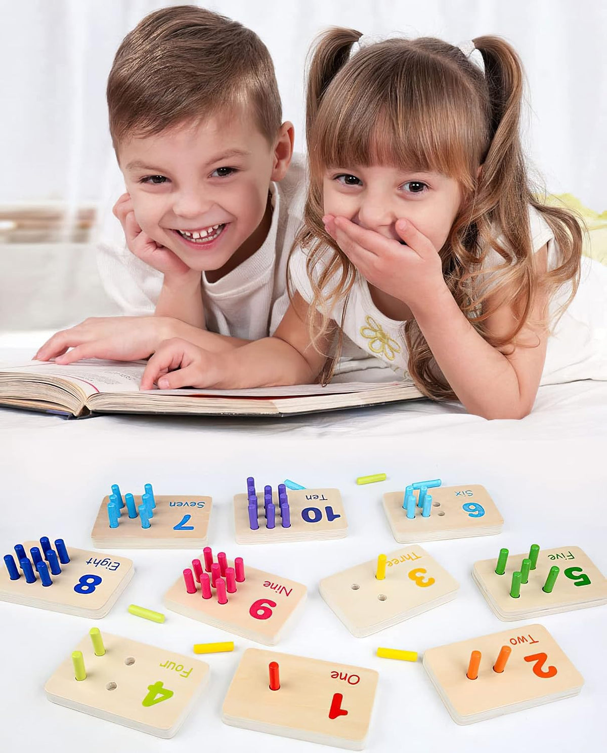 Montessori Bloques de conteo de números, juguetes de tablero de clavijas, materiales de manipulación matemática de madera para preescolar, juguete de aprendizaje Montessori para niños de jardín de infantes (clavija colorida)