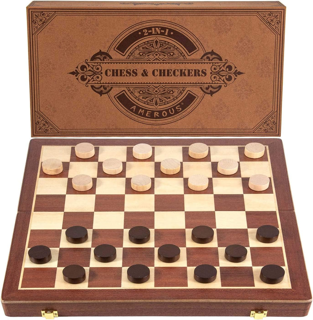 AMEROUS Juego de ajedrez y damas de madera magnética de 15 pulgadas (2 en 1), tablero plegable, caja de regalo, 24 piezas de alegría, 2 reinas adicionales, juego de ajedrez para principiantes para niños y adultos