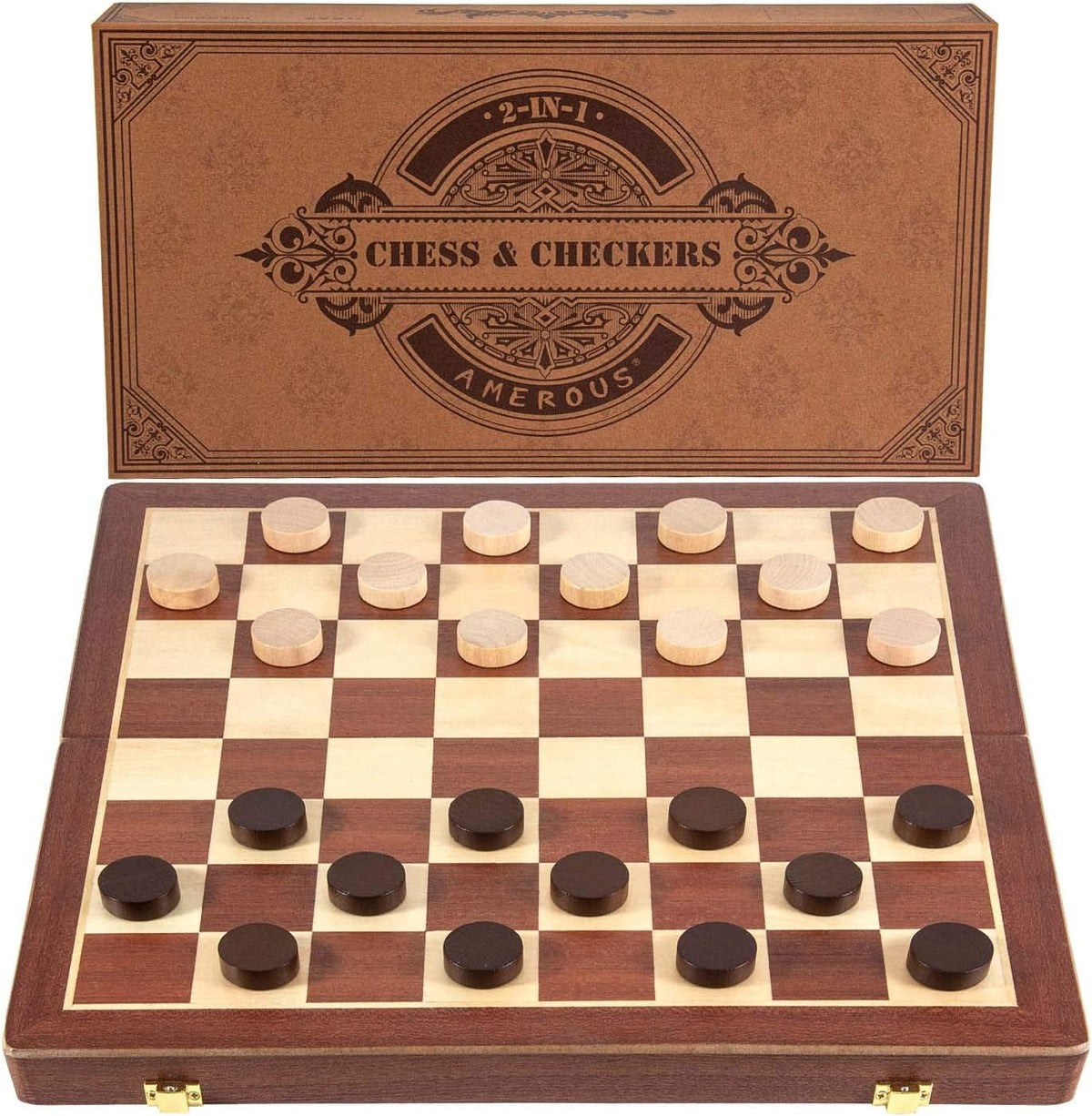 AMEROUS Juego de ajedrez y damas de madera magnética de 15 pulgadas (2 en 1), tablero plegable, caja de regalo, 24 piezas de alegría, 2 reinas adicionales, juego de ajedrez para principiantes para niños y adultos