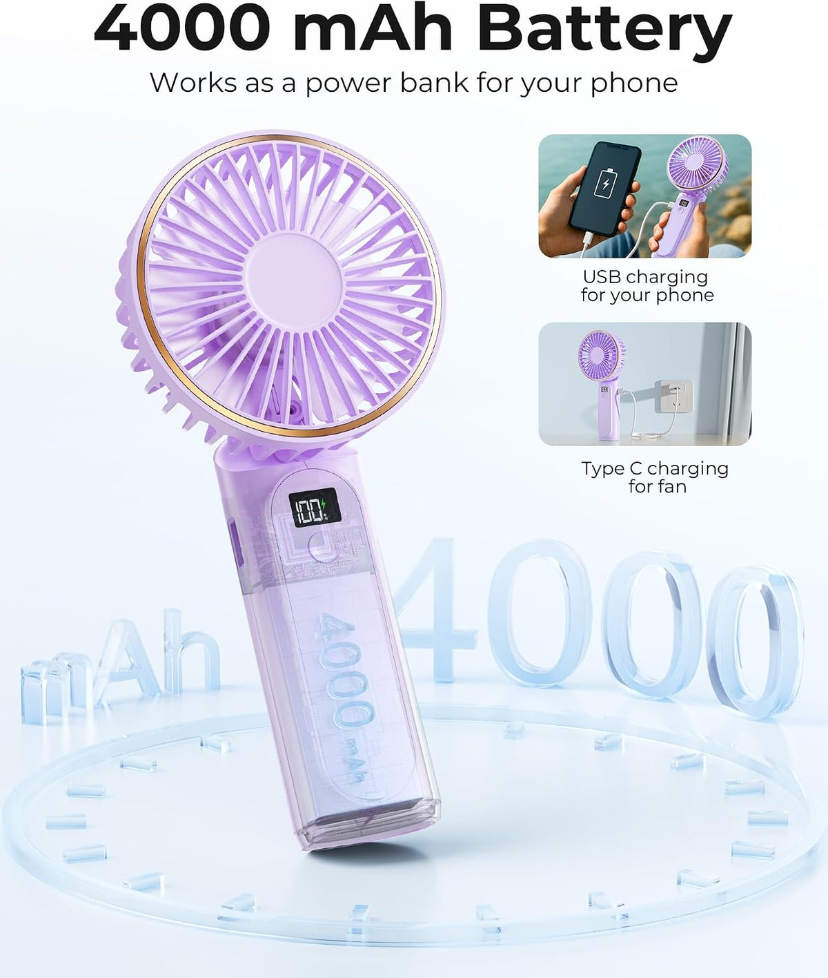 TUNISE Ventilador portátil de mano, 4000mAh, 180 ajustable, 6 veloc...