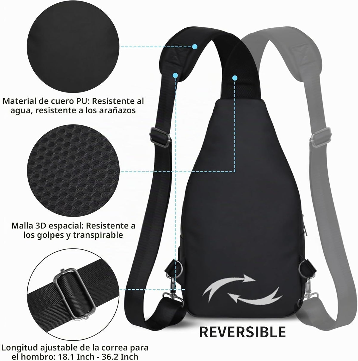 Bolso cruzado para hombres y mujeres, mochila de hombro casual, mochila de pecho para senderismo y viajes (L, negro)